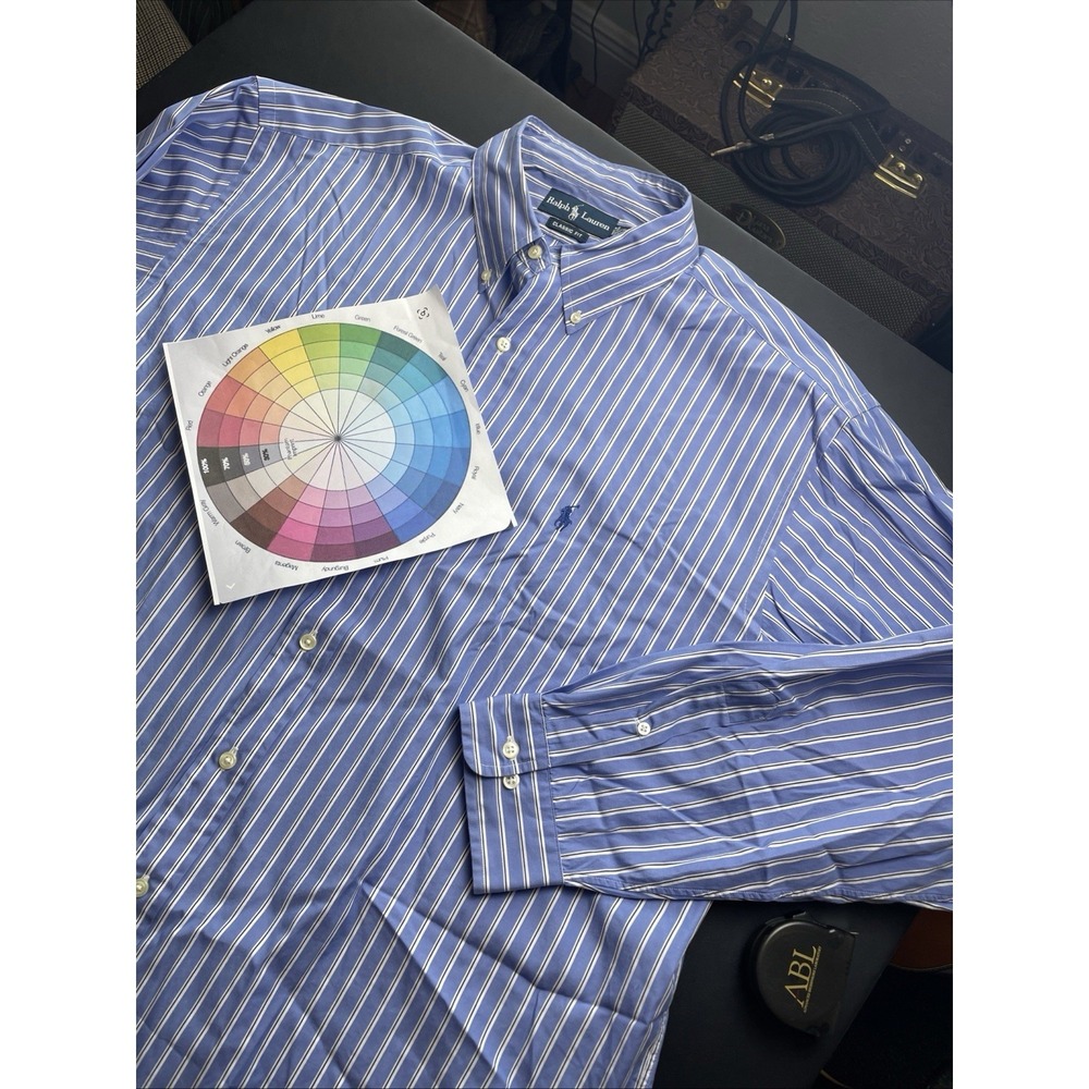 Ralph Lauren Shirt Button Down Classic Fit Blue Pinstripe Pattern Size 17 34/35